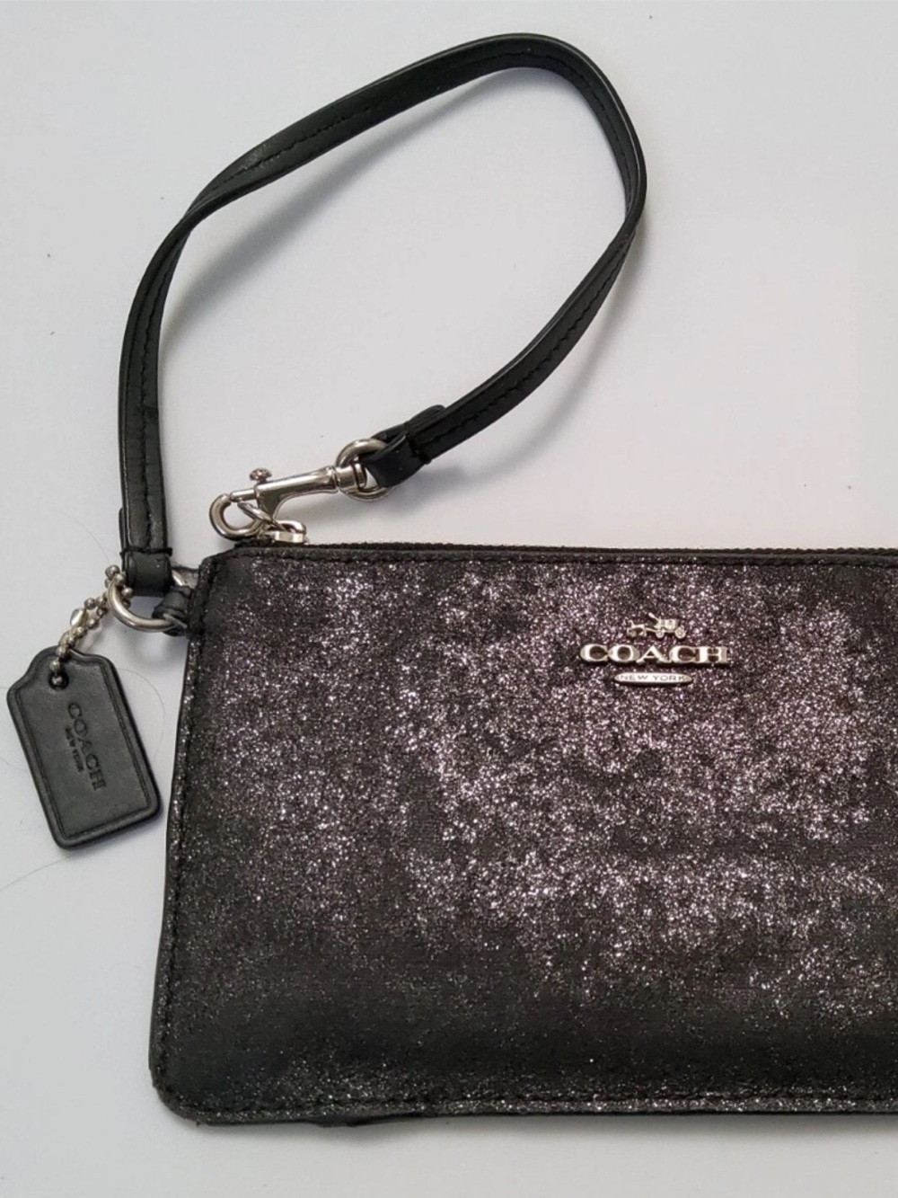 Coach Black Glitter Wristlet Clutch with silver hardware